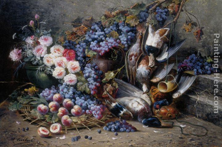 Roses Peaches Grapes and Game painting - Modeste Carlier Roses Peaches Grapes and Game art painting
